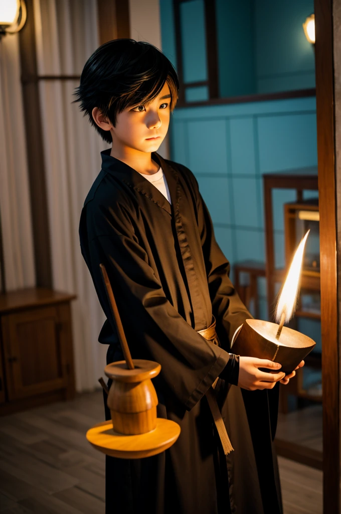 Anime boy in costume doing witchcraft 