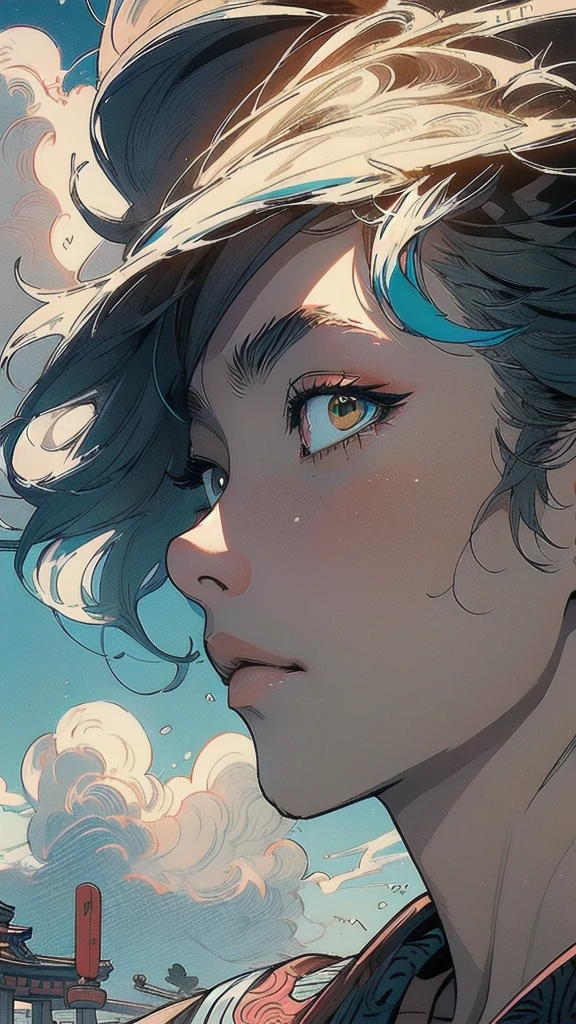 (((masterpiece, highest quality))),,(((solo:1.2))),(((1girl:1.2))),32k wallpaper, very detailed, poster, vintage science fiction,(((((portfolio))))),(((((Close-up))))),(((((bust up))))),((((more various angle)))),((((highlight)))),((((heterochromia)))),(((complete. detailed face))),(((detailed unlimited complete equipment : rail gun))),(((((Absolutely Realistic Clouds background))))),(((Texture for people : halftone))),((Open your mouth wide)),(((((Wind God and Thunder God))))),(((Ukiyo-e)))