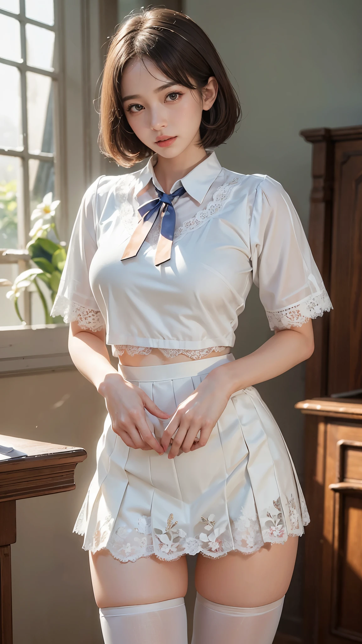 (masterpiece), mature girl, sexy, posterior, floral lace undies, natural light, photorealistic, cameltoe, diffused light, depth of field, white skirt, steam, (lift skirt), lifelike