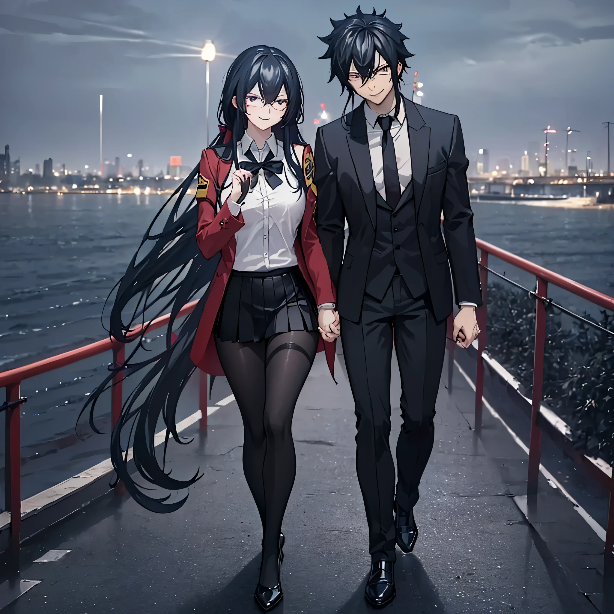 A man together with a woman holding hands Walking on a wide sidewalk overlooking a city at night with illuminated buildings, with perfect lighting, (romantic mood) (holding hands perfectly with coherent fingers), (Azurlane, IJN_Taihou, woman wearing red coat white shirt , black skirt, black tights, smiling red eyes, long black hair) (a man wearing a black suit, Fairy_tail,Gray fullbuster, black pants, black hair, dark blue eyes, smiling) (just a man and woman couple), .shadow, flower , UHD , masterpiece, accurate, anatomically correct, textured skin, super detail, high quality, best quality, 8k, high resolution, bokeh effect.
