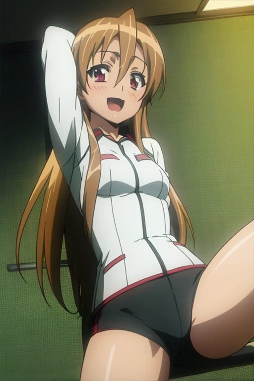 ((Highest quality)), ((masterpiece)), (be familiar with), Perfect Face, indoor, Bedroom, Watching the audience,
One woman, Rei Miyamoto,
Open Mouth, Ecstatic expression, blush, smile,
Small breasts, Flat Chest, Young Girl, , , Girl,
Long Hair, Long Hair,
Gym suit, White short sleeves, Black shorts, Leg spread,