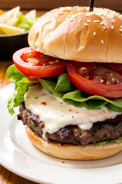 frontal shot of succulent and robust burger with tomato, queso, lots of lettuce, little onion, meat, served on white plate