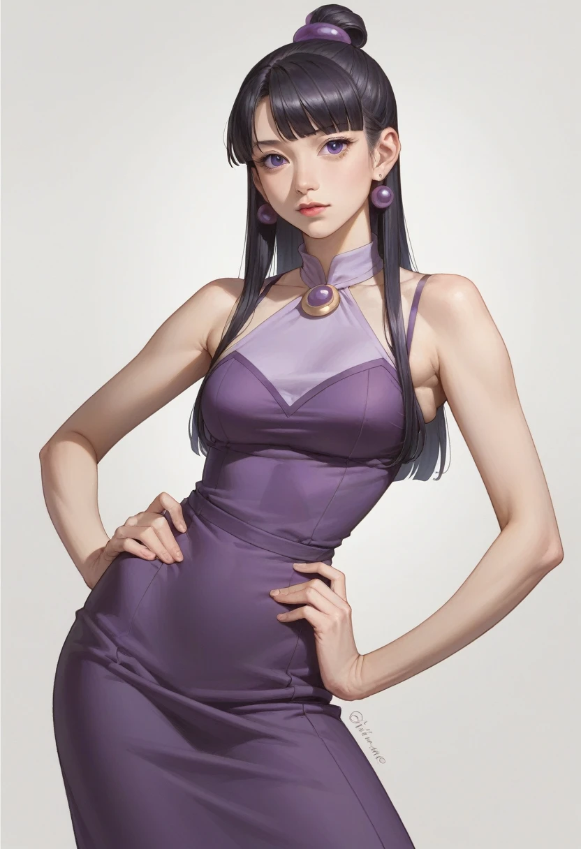 a cartoon drawing of a woman in a purple dress with a hand on her hip, fubuki, chihiro! fujisaki, maya fey from ace attorney, aya takano color style,  in dress, inspired by Un'ichi Hiratsuka, in an anime style, painted in anime painter studio, [ digital art ]!!