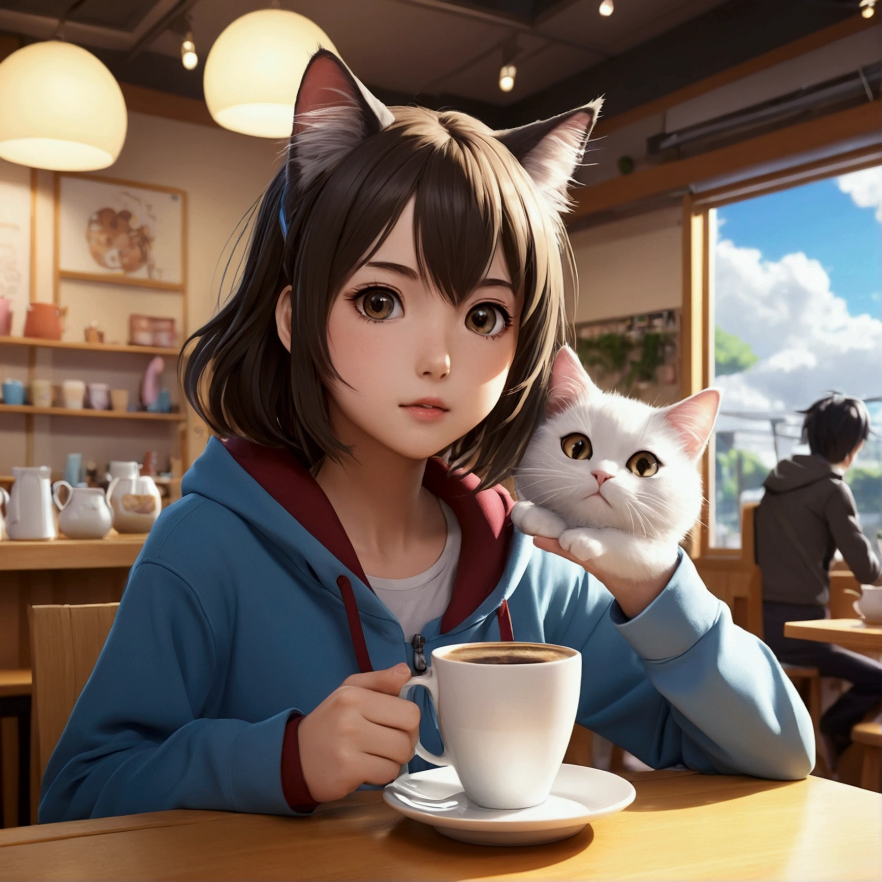 1 fluffy cat,One girl。Surprised expression,Drinking coffee at a cat café,（（not human））Anime drawings inspired by Makoto Shinkai, Pixiv Topics, Space Art, Makoto Shinkai Cyril Rolland, 4k anime wallpaper, Anime Art Wallpapers 8K, anime art wallpaper 4k, anime wallpaper 4k, anime wallpaper 4k, anime wallpaper 4k