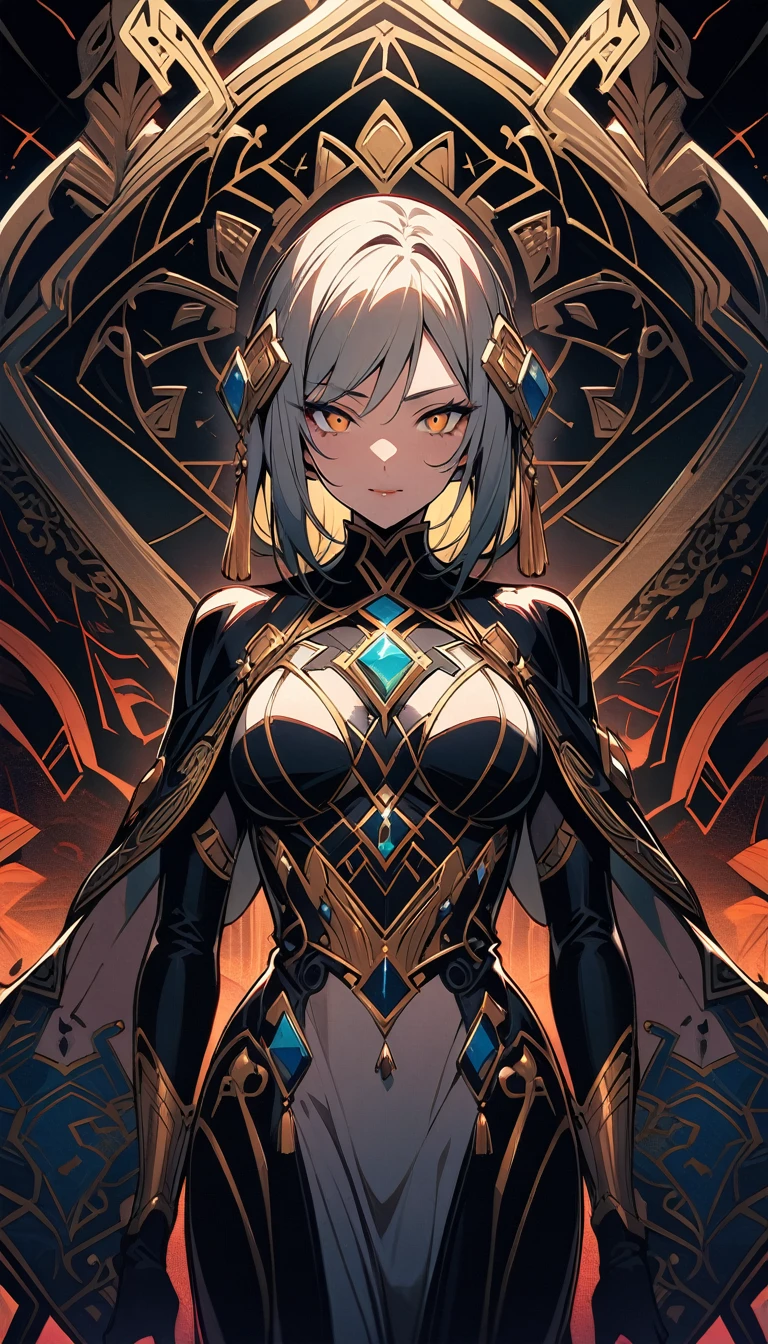 ((best quality)) , ((masterpiece)) , (detailed)，Pyrogravure of a masterpiece, Functional (Female Ifrit:1.2) in a Oriental setting, dressed in armor, Sharp and in focus, Proud,art deco style. geometric shapes, bold colors, luxurious, elegant, decorative, symmetrical, ornate, detailed