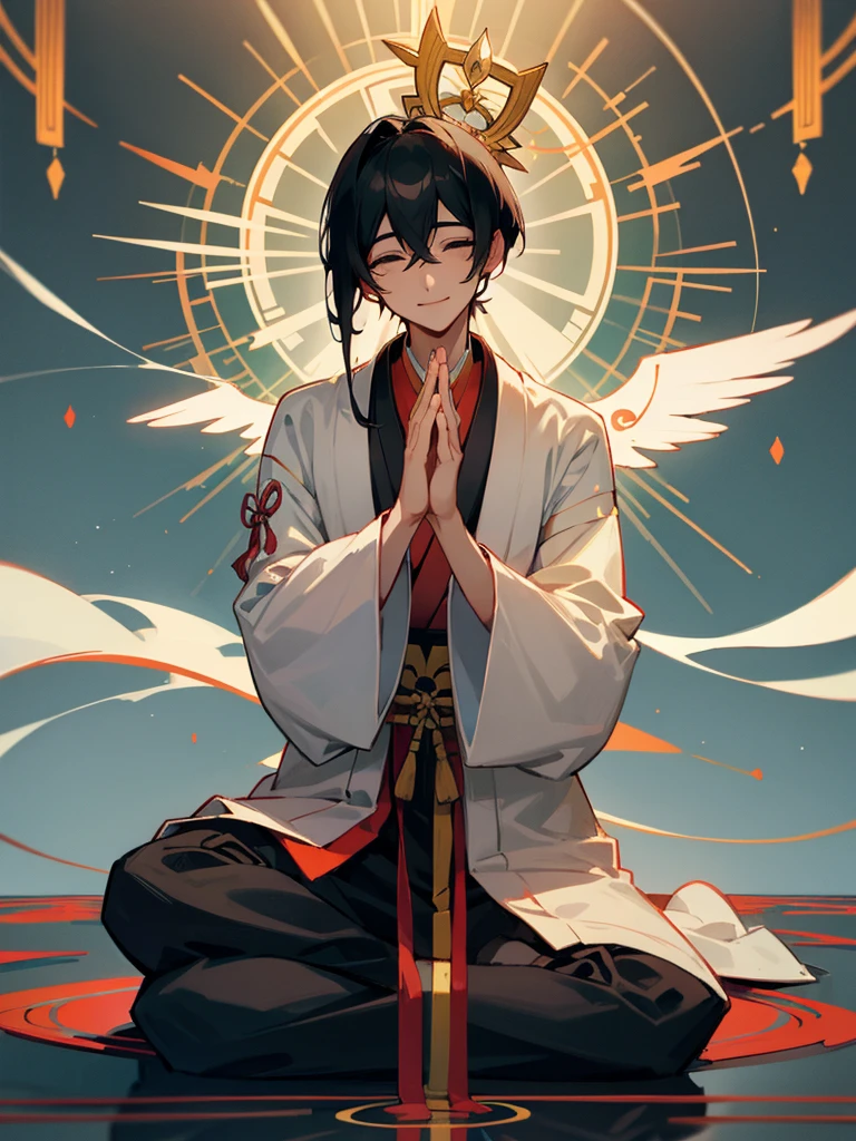 
Amitabha、Joining hands in prayer、Halo、Zazen、mercy、love、Black Hair Male、smile