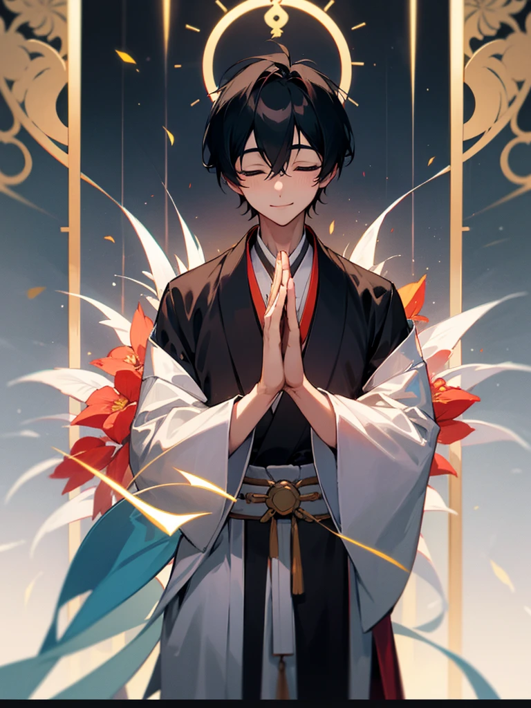 Amitabha、Joining hands in prayer、Halo、Zazen、mercy、love、Black Hair Male、smile