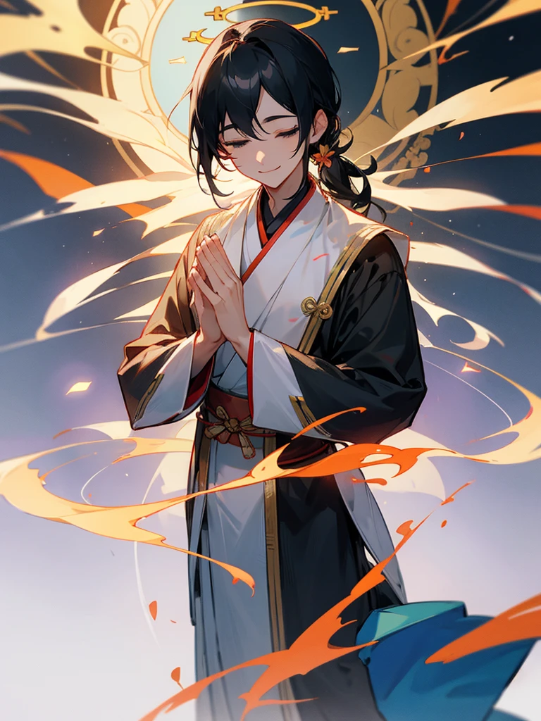 
Amitabha、Joining hands in prayer、Halo、Zazen、mercy、love、Black Hair Male、smile