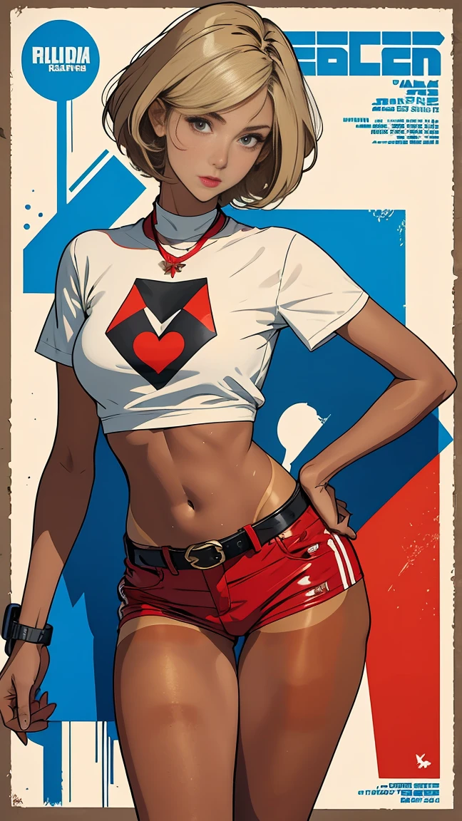 ((masterpiece, Highest quality)), 32K Wallpapers, Very detailed, Poster, Vintage science fiction, 1960s,(((geometric cinematic movie Poster))), (Bauhaus), shape,Abstract, Midcentury Modern, movie Poster, Vintage, Perfect Lady,1970s,Halftone,Speech bubble,(((portfolio,close))),Mature girl with tall straight blonde posture, (tan skin:2), medium neck, wears a plain tight red short Sleeve u-neck t-shirt, she expose full her midriff, she wears red leather shorts, she wears black small boots, she wears a large white belt with a red heart-shaped buckle, she expose her navel, beautiful midriff, beautiful thigh, long and slim thigh, The pose appears to be facing forward with both hands on her hips, full body