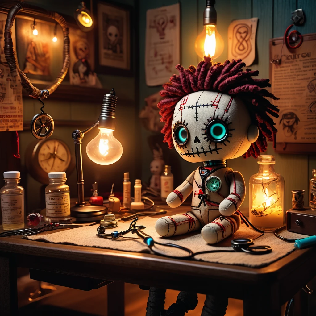 (knitted toy voodoo doll:1.7), (Voodoo in a city clinic with animated medical tools:1.3), (Clothing: tattered doctor's attire with mystical symbols:1.0), (Accessories: miniature glowing stethoscopes, tiny floating syringes, small enchanted examination tables:1.2), (background: sterile clinic with flickering lights and glowing magical instruments, ethereal light illuminating the scene:1.2), best quality, masterpiece, detailed soft oil painting, detailed background, dramatic cinematic lighting, soft edge lighting, professional, dramatic lighting, hard edge lighting, ultra quality, 4k,masterpiece, best quality, 8k, ultra highres, highres, extremely detailed