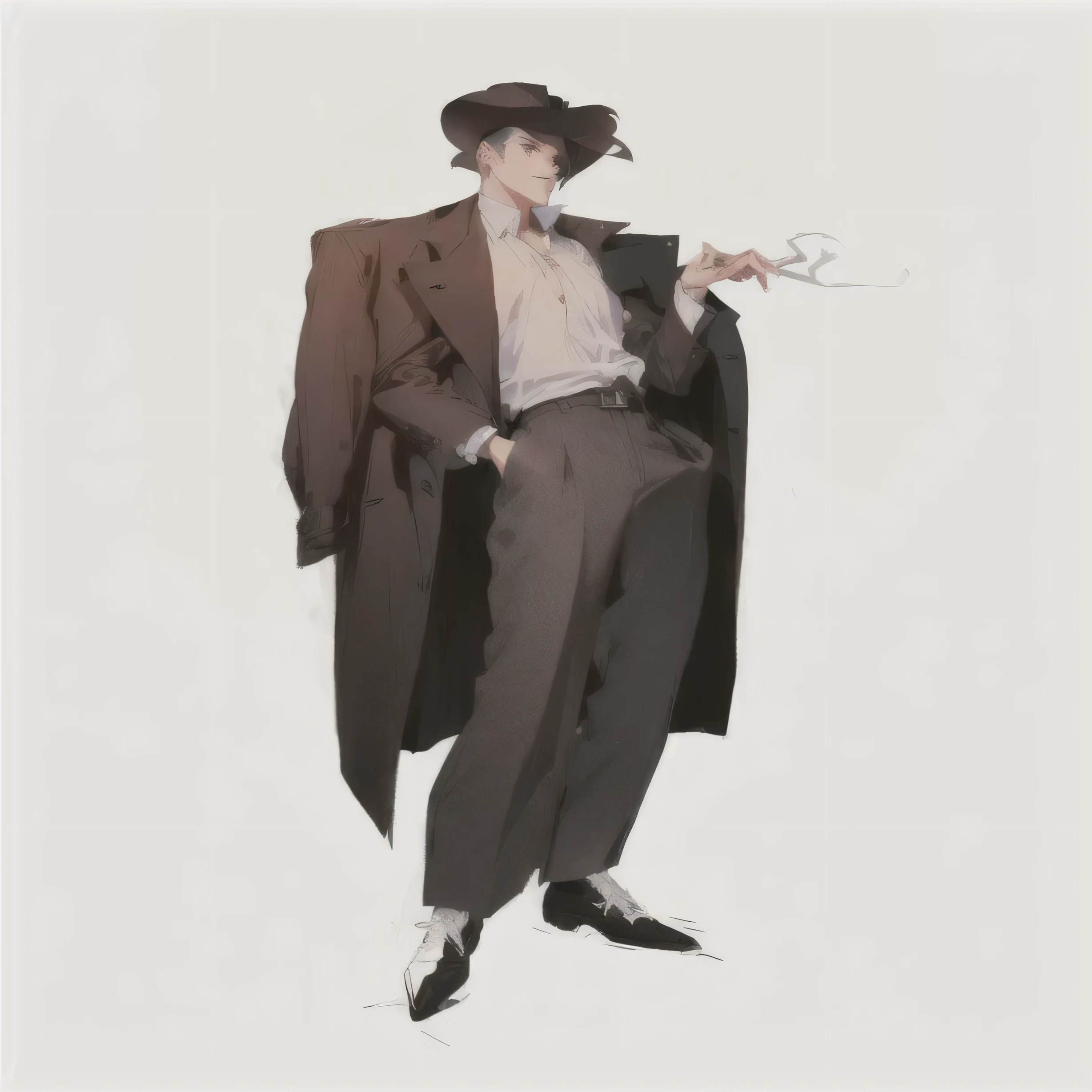 a drawing of a man in a suit holding a cigarette, detective clothes, otto schmidt, character full body portrait, tall, handsome, clothed in ancient suit, full body character portrait, he is wearing a trenchcoat, neo noir style, full body illustration, detective coat, noir film world character design, white hair, black pants, correct body proportions, lean build, anime, looking at viewer, ultra detailed, long legs, broad shoulders, no hat