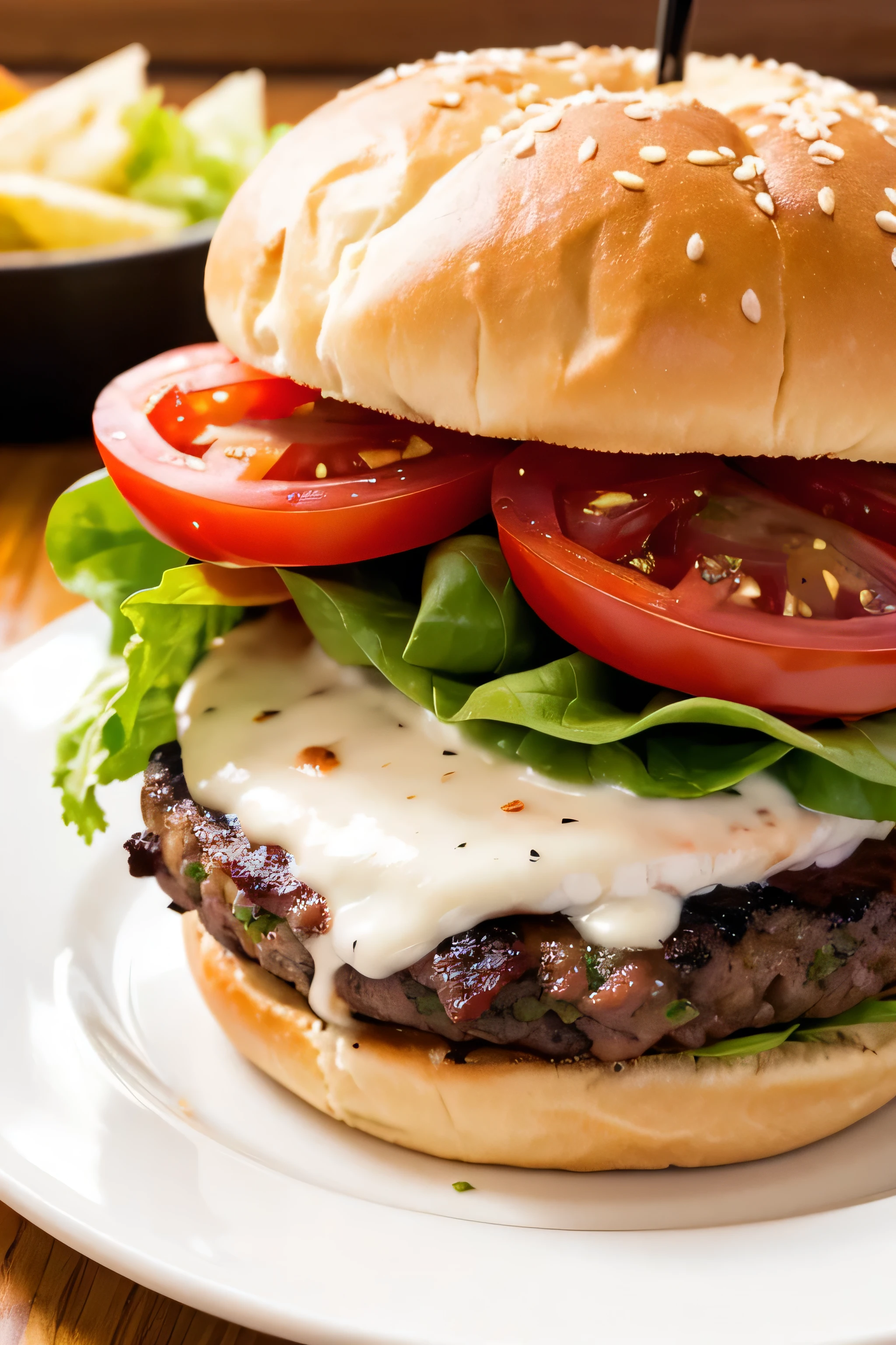 frontal shot of succulent and robust burger with tomato, queso, lots of lettuce, little onion, meat, served on white plate