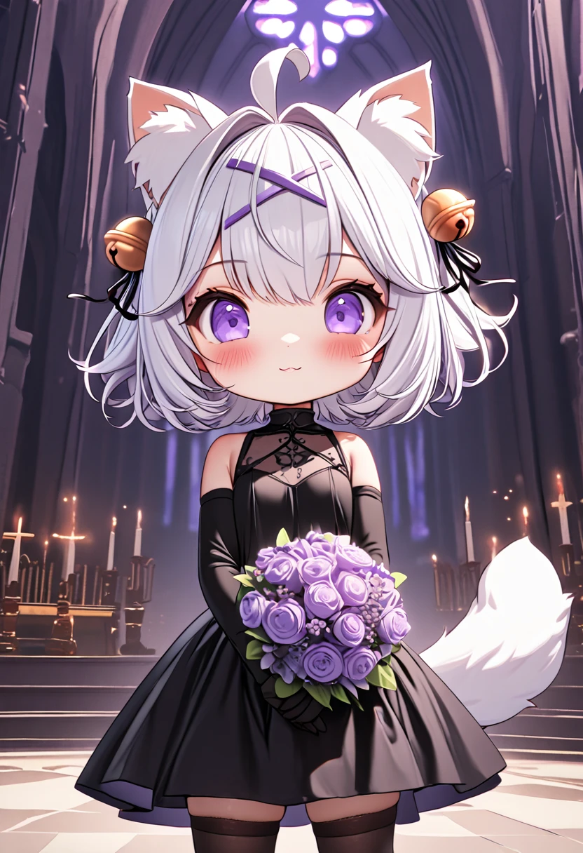 master piece, best quality, ultra-detailed, illustration, 1girl, solo, chibi, (big head), cute pose, front view, looking at viewer, ((Close up)), Filiansailor, (((purple hairclip)) ), hair bell, white hair, short hair, cat ears, ahoge, purple eyes, blush, smiling, fluffy tail, long black gown, high slit gown, black arm sleeve, black gloves, holding bridal bouquet, black leg stockings, black high heals, church background, altar, center isle