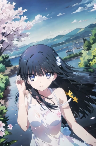 Shiba Miyuki (masterpiece), BREAK 1girl, skimpy translucent wet summer dress, raining, wavy hair, floating hair, smile, standing, open mouth, light particles, black hair, icy blue eyes, looking at viewer, face focus, BREAK, scenery, mountainous horizon, cherry blossoms, petals, light particles, BREAK upper body,
