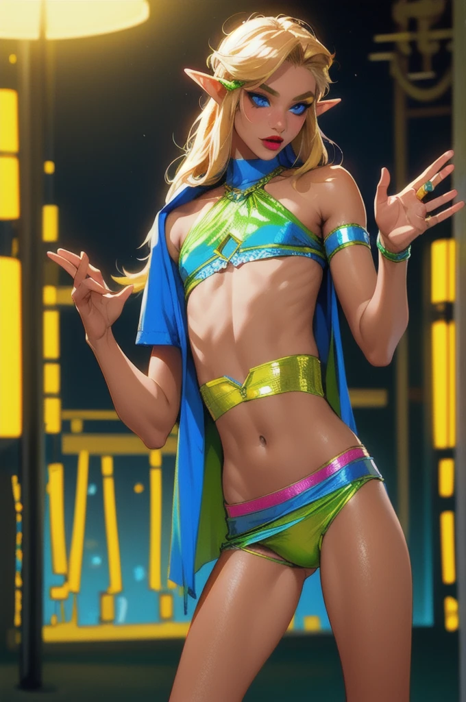 1 boy, solo, 1 boy, solo, solo, masterpiece, best quality, 18 years old, link, elf, tan skin, long blonde hair, blue eyes, eye shadow, lipstick, night club, rave, sexy rave outfit,