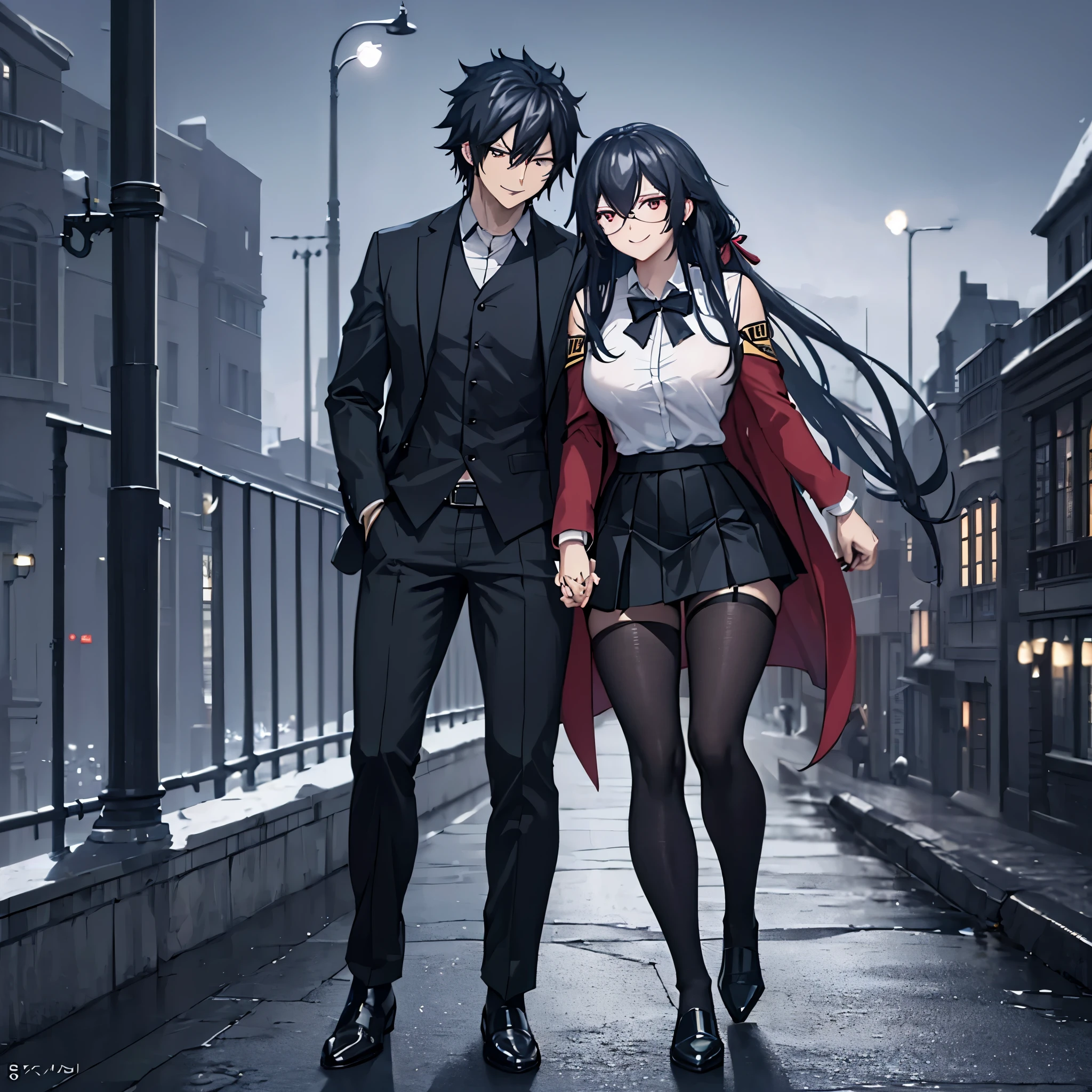 A man together with a woman holding hands Walking on a wide sidewalk overlooking a city at night with illuminated buildings, with perfect lighting, (romantic mood) (holding hands perfectly with coherent fingers), (Azurlane, IJN_Taihou, woman wearing red coat white shirt , black skirt, black tights, smiling red eyes, long black hair) (a man wearing a black suit, Fairy_tail,Gray fullbuster, black pants, black hair, dark blue eyes, smiling) (just a man and woman couple), .shadow, flower , UHD , masterpiece, accurate, anatomically correct, textured skin, super detail, high quality, best quality, 8k, high resolution, bokeh effect.
