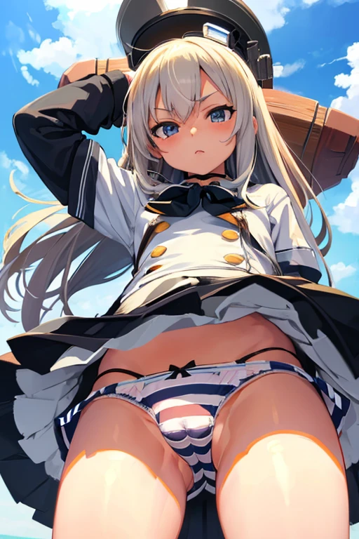 masterpiece, best quality, ultra detailed, ((striped panties)), (cowboy shot, crotch is close-up, ground-level, from below, mini skirt, from front), KanColle Shimakaze