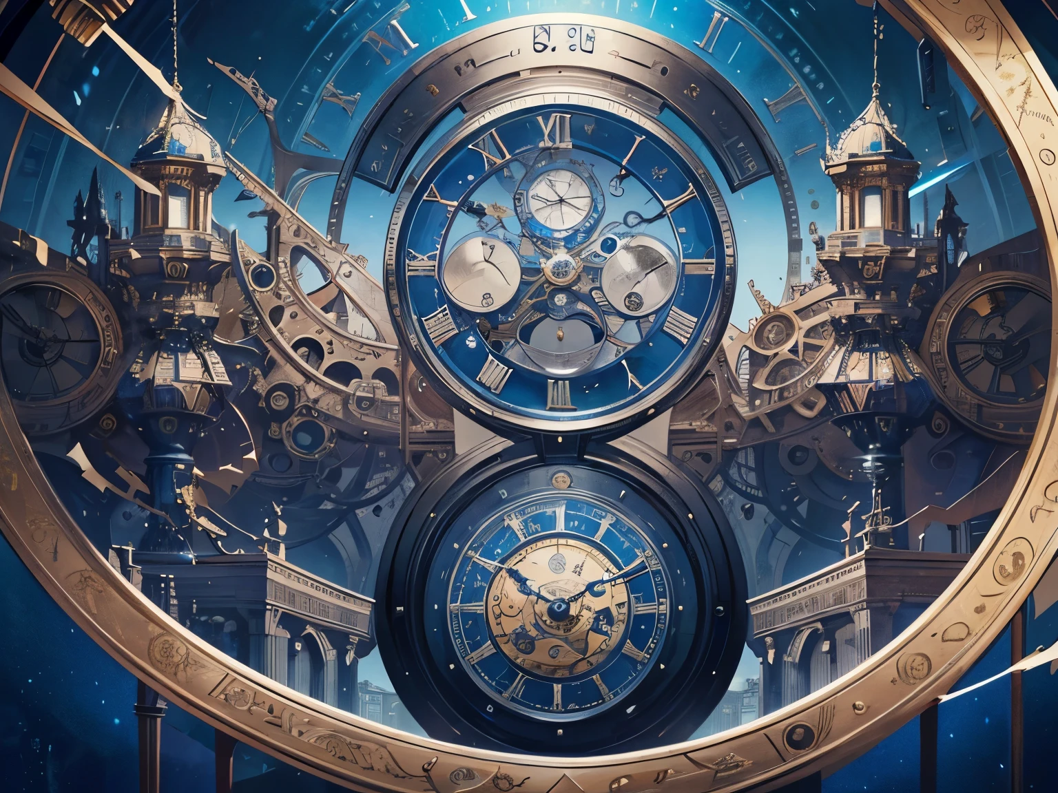 clock with Silver face and roman numerals on a blue background mechanical clock, its hour come round at last, spiral clock, time warping, time consumes us all, a rustic album cover of a clock, clockwork, time displacement device, memory trapped in eternal time, clocks, clockpunk, clock, huge mechanical clocks, its hour come around at last