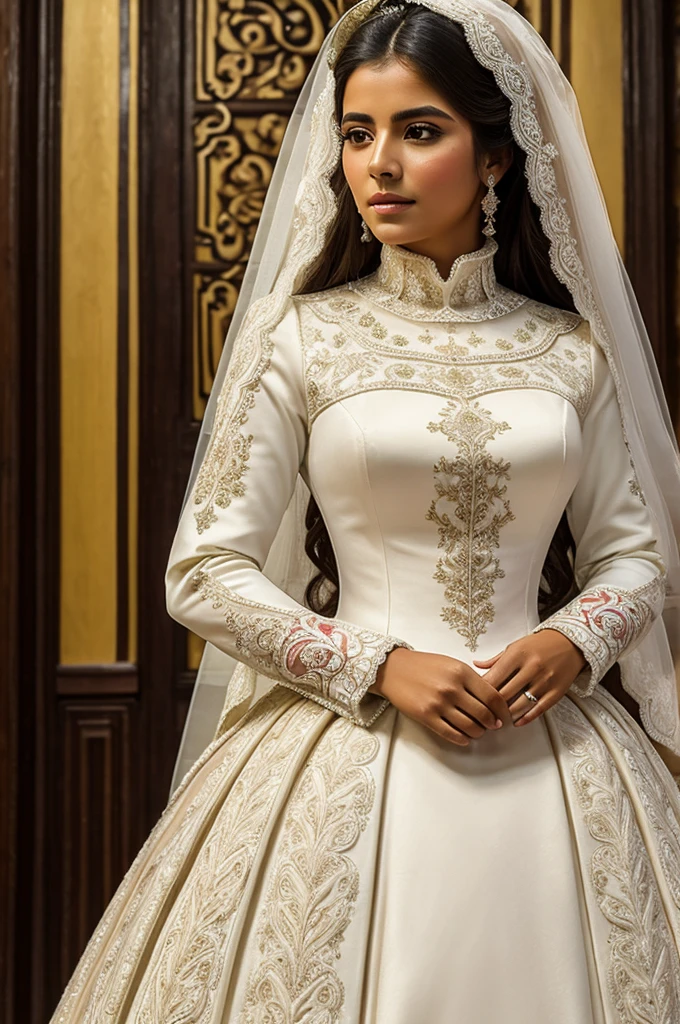 ((best quality)), ((masterpiece)), (detailed), perfect face mexican woman in 19th century turtleneck wedding dress in guadalupana church
