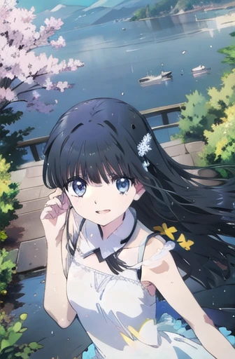 Shiba Miyuki (masterpiece), BREAK 1girl, skimpy translucent wet summer dress, raining, wavy hair, floating hair, smile, standing, open mouth, light particles, black hair, icy blue eyes, looking at viewer, face focus, BREAK, scenery, mountainous horizon, cherry blossoms, petals, light particles, BREAK upper body,