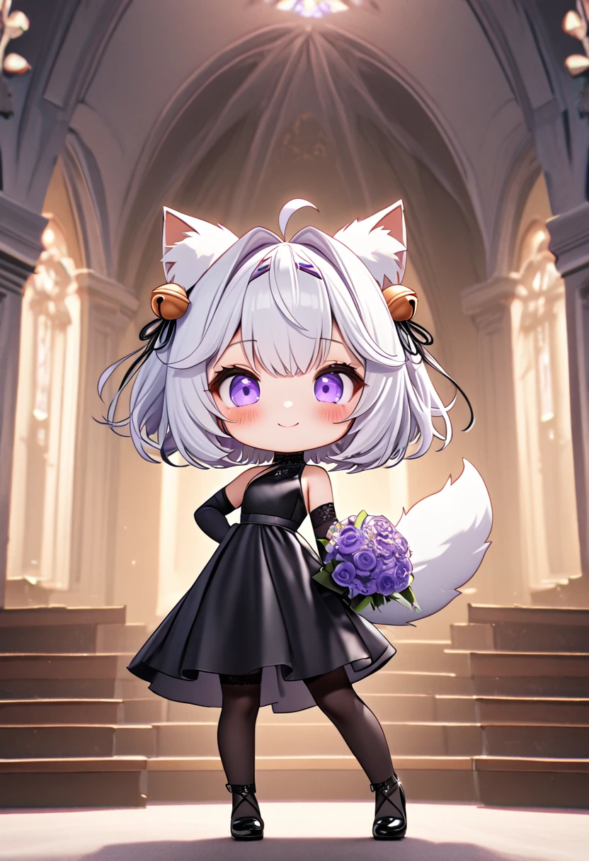 master piece, best quality, ultra-detailed, illustration, 1girl, solo, chibi, (big head), cute pose, front view, looking at viewer, ((full body Close up)), Filiansailor, (((purple hairclip)) ), hair bell, white hair, short hair, cat ears, ahoge, purple eyes, blush, smiling, fluffy tail, long black gown, high slit gown, black arm sleeve, black gloves, holding bridal bouquet, black leg stockings, black high heals, church background, altar, center isle