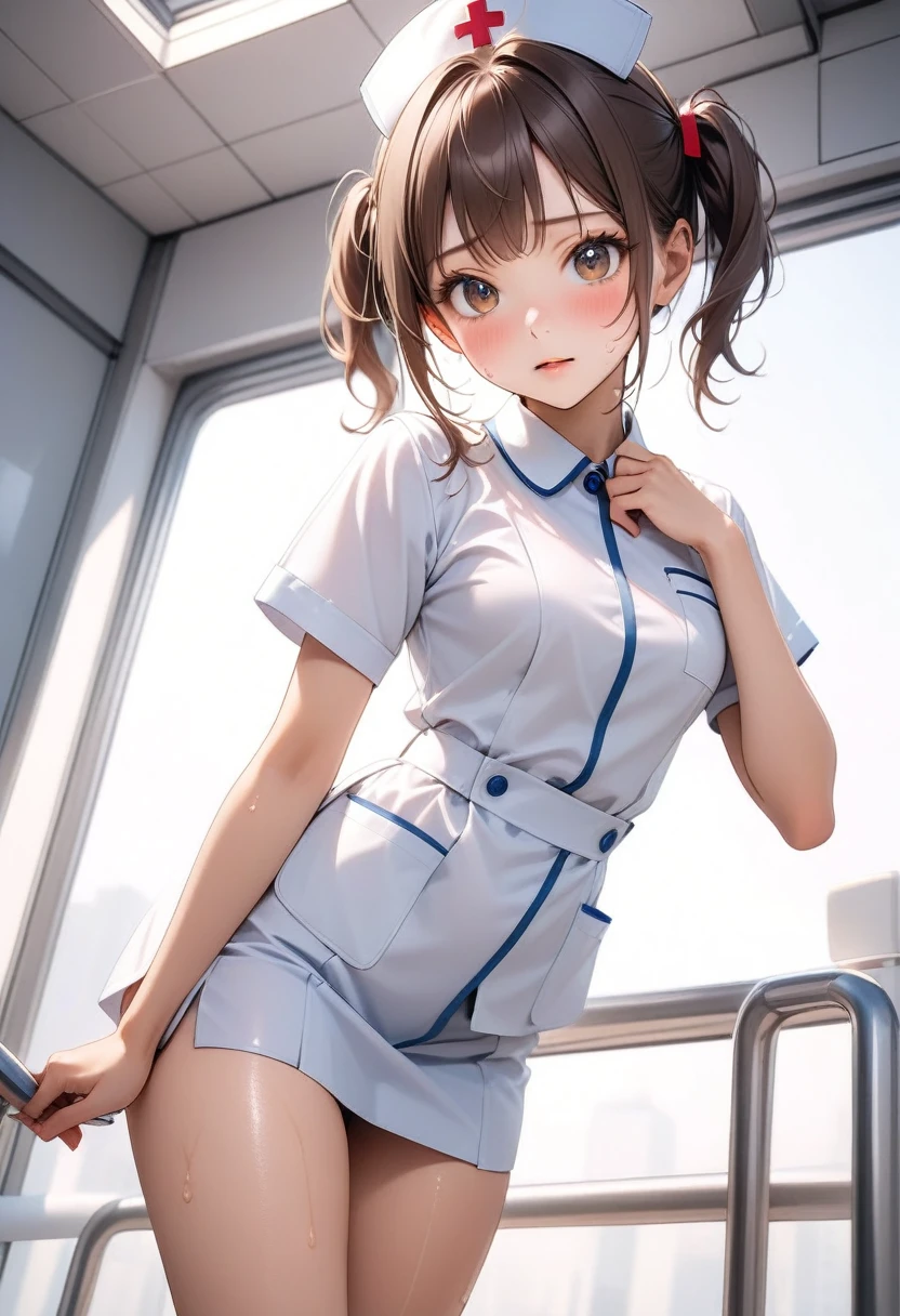 (((nurse uniform), (white pantyhose), (Shiny Costumes))), skindentation, skinny, solo, 1 woman, Masterpiece, highest quality, highest quality, 16K, incredibly absurd, highly detailed, 2.5D, ai-generated, delicate and dynamic, very delicate facial expressions, delicate eye depiction, erotic, only sexy woman, ((A cute and kind face)), healthy figure, ((25-year-old woman)), 160cm tall, medium firm swaying bust, blush, Sweat,Embarrassed,sexy, ((thin thighs)), (camel toe:0.7), (visible nipples:0.3), (Erect nipples,:0.7), shiny and lustrous, facing straight at viewer,  (((in heat))), ((Oily_skin)), ((dutch angle)), ((erotic pose)), ((one keene)), latex,