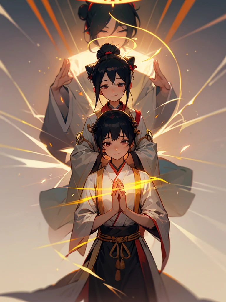 Amitabha、Joining hands in prayer、Halo、Zazen、mercy、love、Black Hair 、smile、Flesh bun、Third Eye