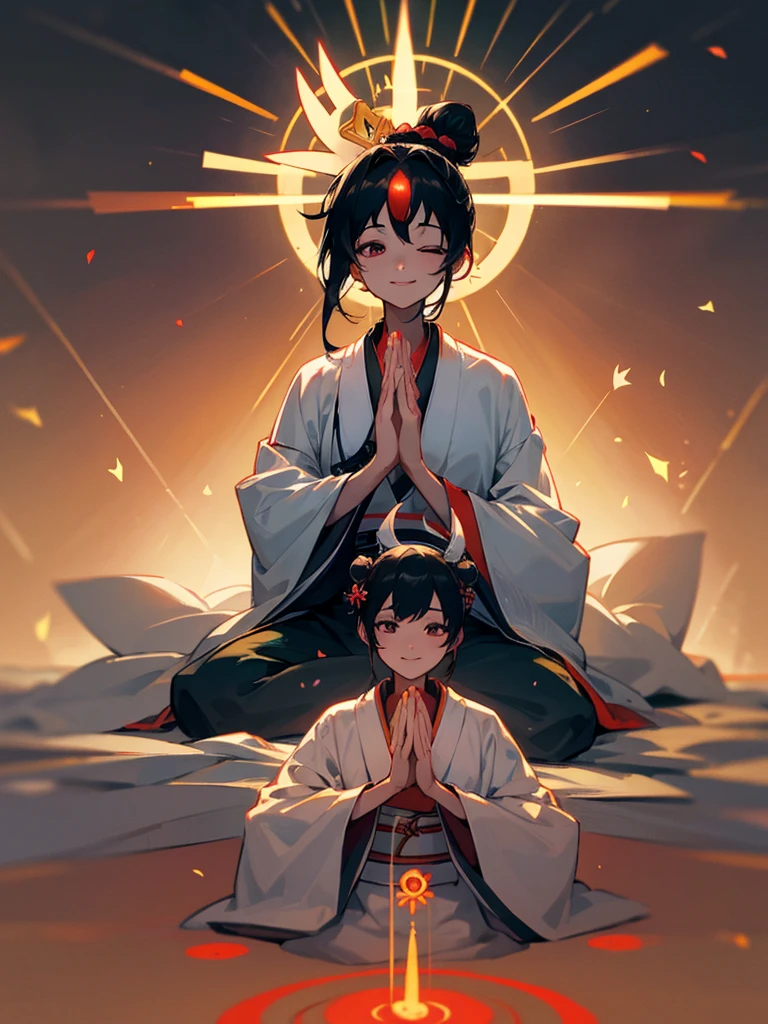 Amitabha、Joining hands in prayer、Halo、Zazen、mercy、love、Black Hair 、smile、Flesh bun、Third Eye