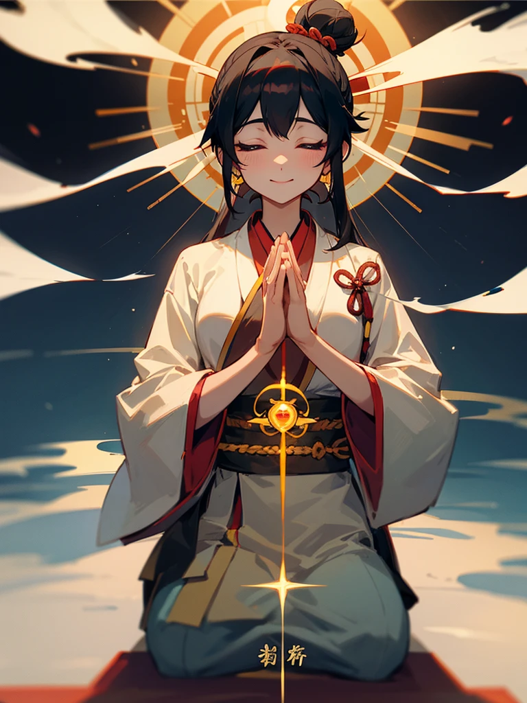 Amitabha、Joining hands in prayer、Halo、Zazen、mercy、love、Black Hair 、smile、Flesh bun、Third Eye