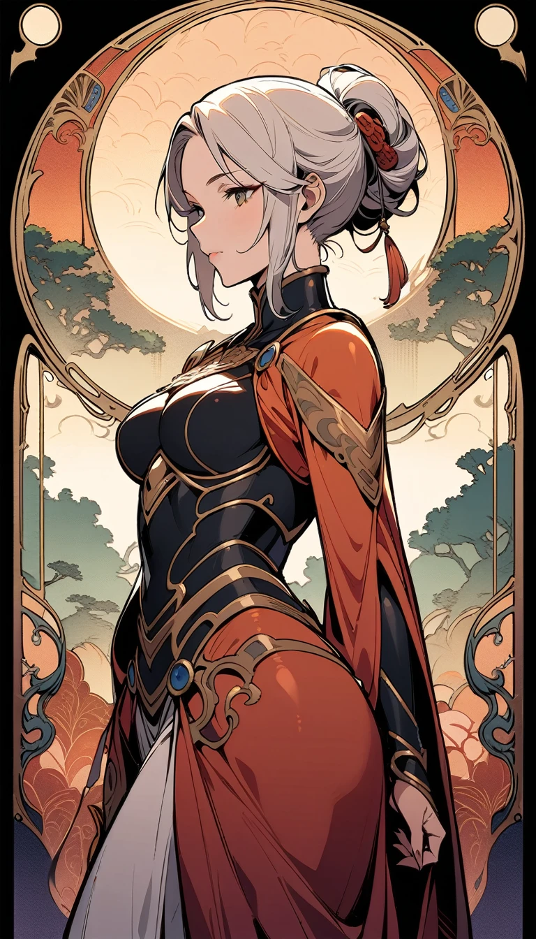 ((best quality)) , ((masterpiece)) , (detailed)，Pyrogravure of a masterpiece, Functional (Female Ifrit:1.2) in a Oriental setting, dressed in armor, Sharp and in focus, Proud,art nouveau style ， elegant, decorative, curvilinear forms, nature-inspired, ornate, detailed