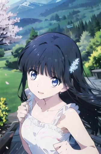 Shiba Miyuki (masterpiece), BREAK 1girl, skimpy translucent wet summer dress, raining, wavy hair, floating hair, smile, standing, open mouth, light particles, black hair, icy blue eyes, looking at viewer, face focus, BREAK, scenery, mountainous horizon, cherry blossoms, petals, light particles, BREAK upper body,