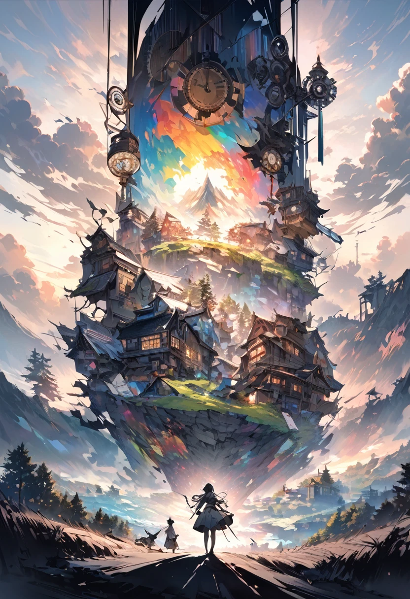 colorful, fusion of watercolors and oil paintings, fusion of paper cutting and shadow puppetry, mix of monochrome and color, conceptual installation art, a girl at the top of a hill, a boy at the bottom of a hill, their intertwined world lines and cosmic rays, a clockwork kaleidoscope, and a rural town landscape, shading effects, gradation magic effects, (ultra detailed, absolutely resolution, best quality:1.3), 2.5D, delicate and dynamic, artistic photography, hyper realistic, graphic CG digital art