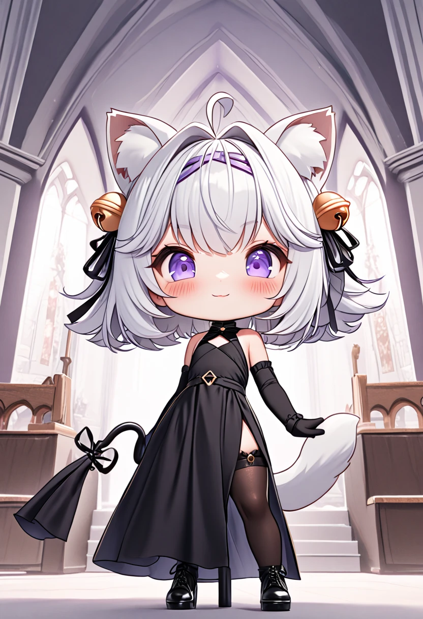 master piece, best quality, ultra-detailed, illustration, 1girl, solo, chibi, (big head), cute pose, front view, looking at viewer, ((full body Close up)), Filiansailor, (((purple hairclip)) ), hair bell, white hair, short hair, cat ears, ahoge, purple eyes, blush, smiling, fluffy tail, long black gown, high slit gown, black arm sleeve, black gloves, holding black umbrella, black leg stockings, black high heals, church background, altar, center isle