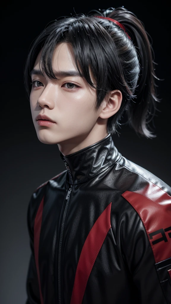 Korean AI 3D Korean boy in black and red outfit black hair ponytail gray background real 3D AI