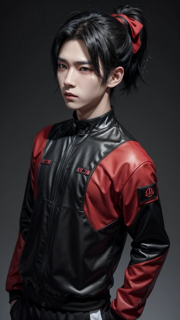 Korean AI 3D Korean boy in black and red outfit black hair ponytail gray background real 3D AI