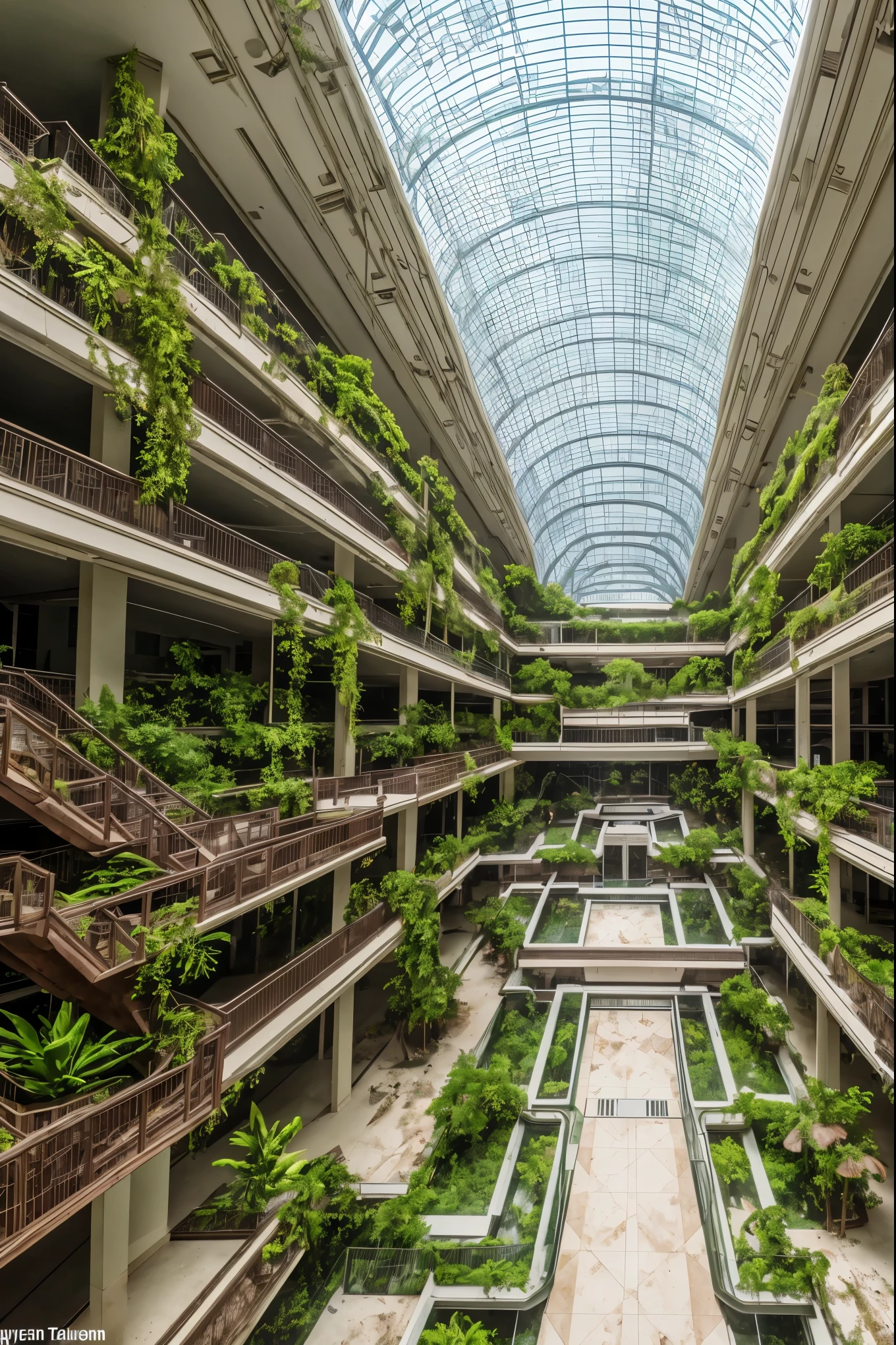 Large fantasy abandoned mall, flooded floor, glass ceiling, upstairs viewpoint with parapet, trees, vines, orchids, bromeliads, palm trees, ornaments, golden, many plants, tropical plants, marble walls, dynamic light, 8K, masterpiece, ultra detailed, beautiful.