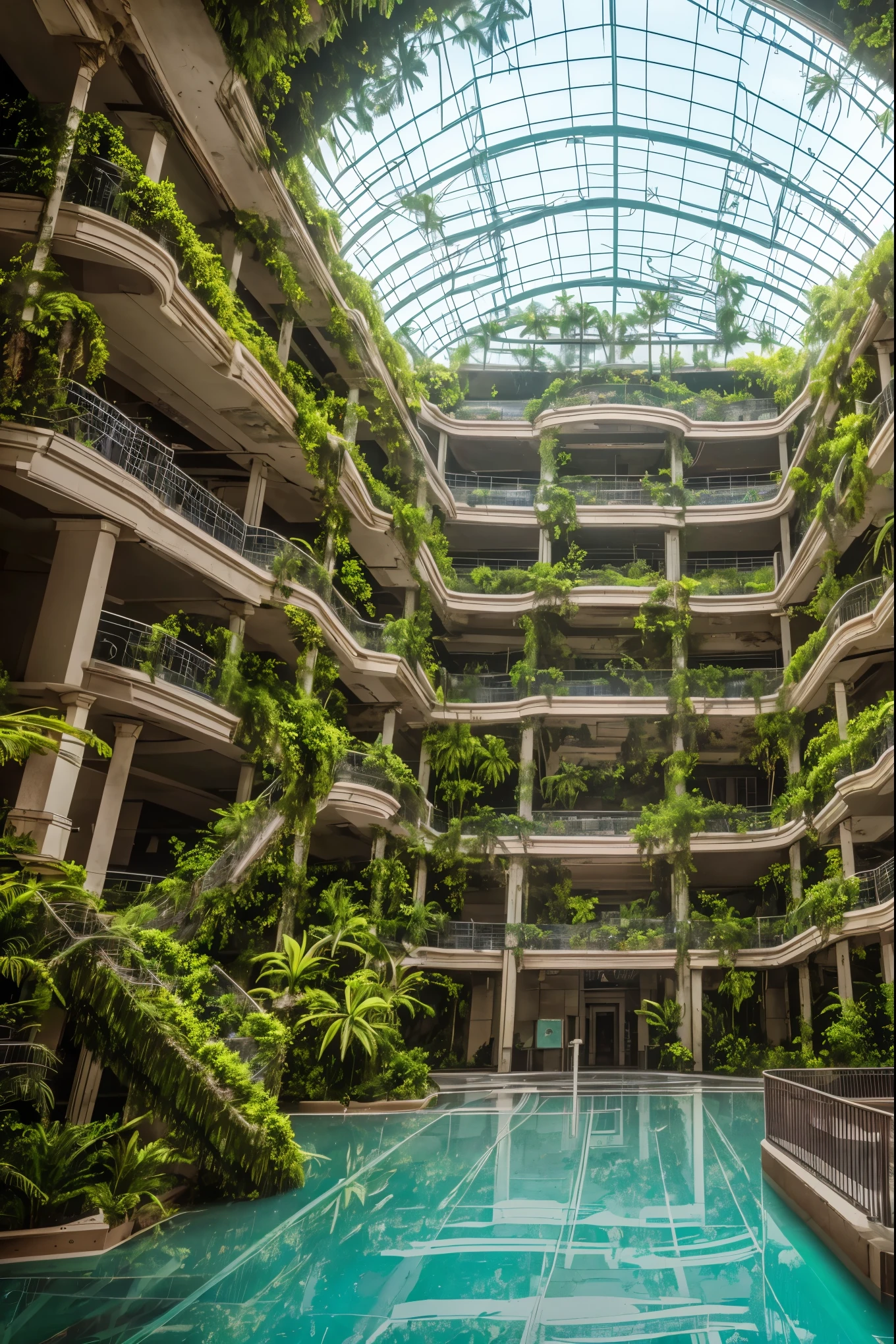 Large fantasy abandoned mall, flooded floor, glass ceiling, upstairs viewpoint with parapet, trees, vines, orchids, bromeliads, palm trees, ornaments, golden, many plants, tropical plants, marble walls, dynamic light, 8K, masterpiece, ultra detailed, beautiful.