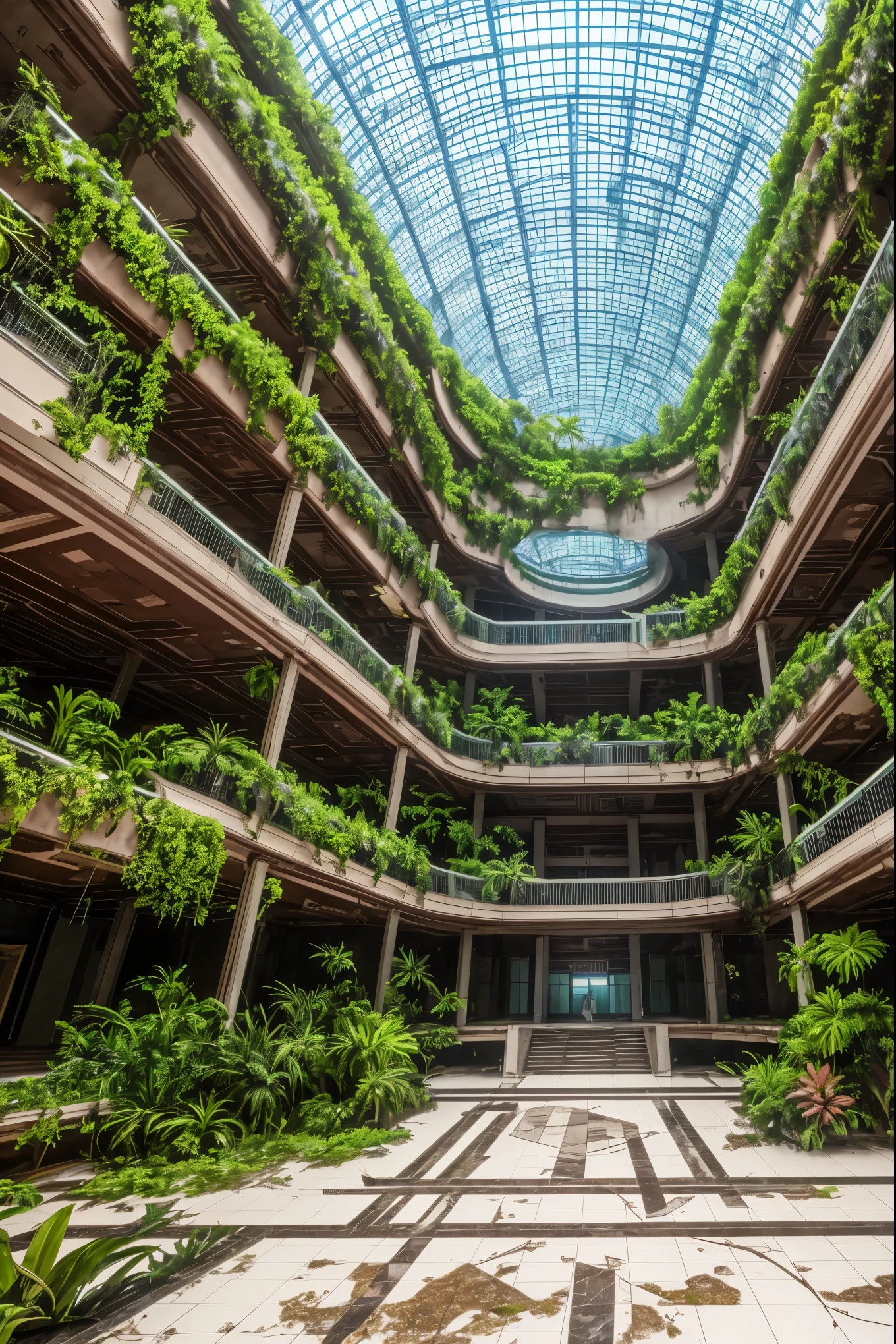 Large fantasy abandoned mall, flooded floor, glass ceiling, upstairs viewpoint with parapet, trees, vines, orchids, bromeliads, palm trees, ornaments, golden, many plants, tropical plants, marble walls, dynamic light, 8K, masterpiece, ultra detailed, beautiful.