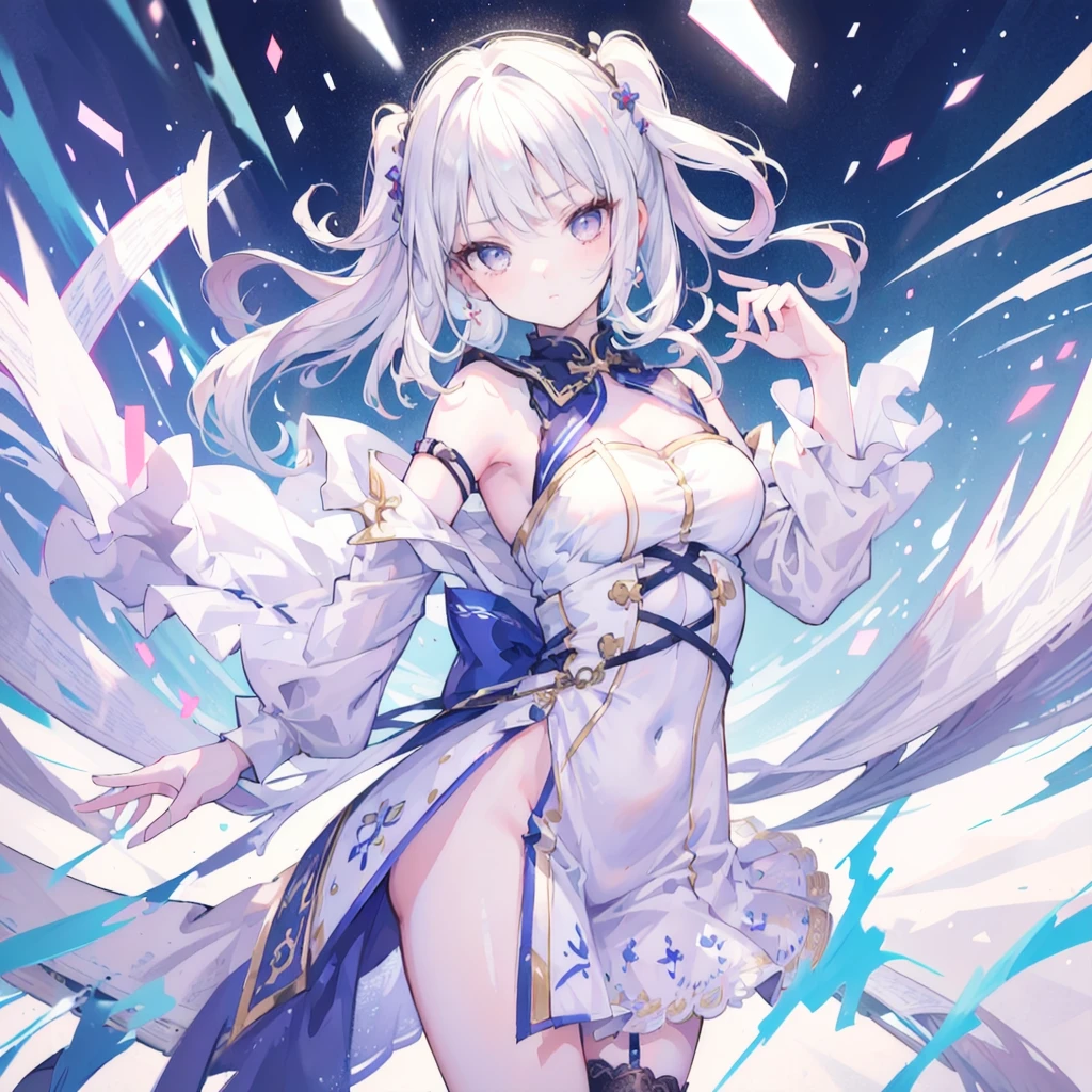 masterpiece, Best quality,  (1 girl), solo,White hair, innocence, young face, perfect face, lively girl, dancer, dancing