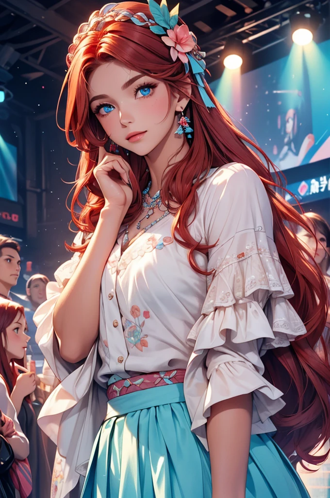 photoactual, lip gloss, , actual, best quality, ultra high resolution, depth, pastel colors, Natural shades, focus on face, Just look at the face, looking at the audience, long hair, hair accessories, red hair, blue and detailed eyes, skirt