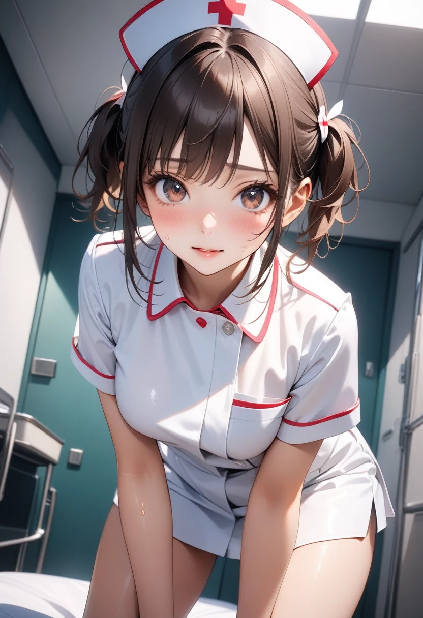 (((nurse uniform, skirt))), ((Shiny Costumes)), skindentation, skinny, solo, 1 woman, Masterpiece, highest quality, highest quality, 16K, incredibly absurd, highly detailed, 2.5D, ai-generated, delicate and dynamic, very delicate facial expressions, delicate eye depiction, erotic, only sexy woman, ((A cute and kind face)), healthy figure, ((25-year-old woman)), 160cm tall, medium firm swaying bust, , blush, Sweat,Embarrassed,sexy, ((thin thighs)), (camel toe:0.7), (visible nipples:0.3), (Erect nipples,:0.7), shiny and lustrous, facing straight at viewer, (((in heat))), ((Oily_skin)), ((Lots of sweat)), (((Brown Skin))), ((dutch angle)), ((erotic pose)), (((Collapsed from heat stroke))),