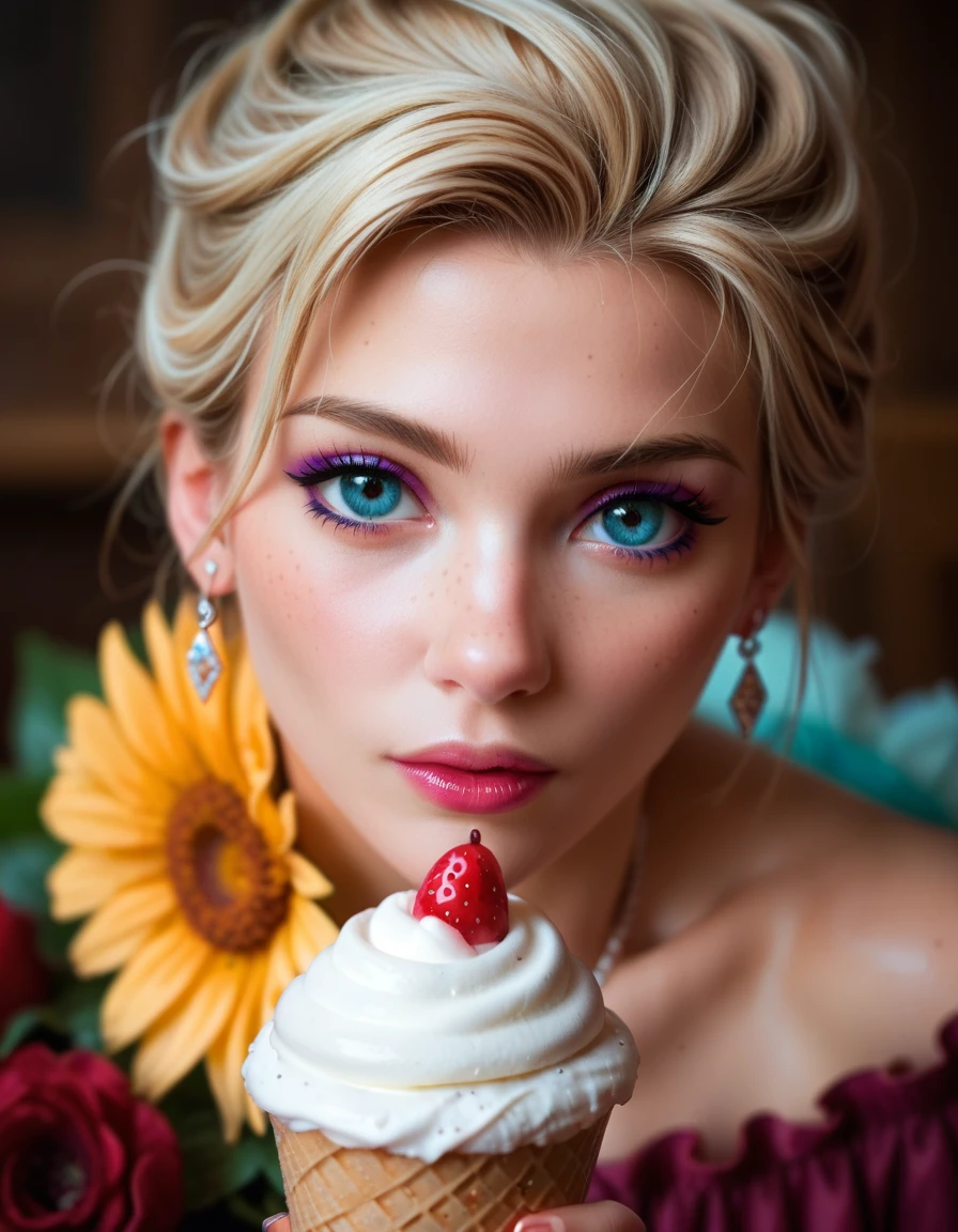A colorful and delicious-looking ice cream dessert, made from the finest cream, sugar, and flavorings, frozen to perfection in Bertrand's specially designed iceberg-shaped molds, garnished with fresh fruit and edible flowers