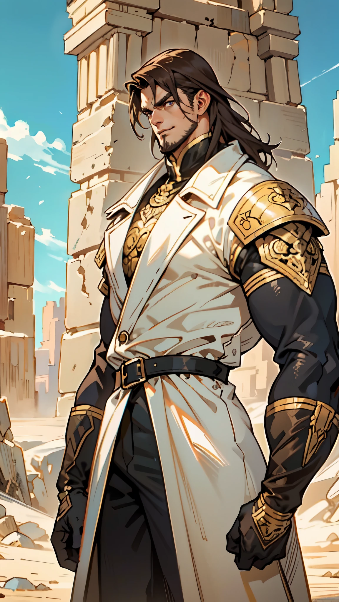(masterpiece:1.2, best quality:1.2, extremely delicate:1.2), ((male:1.5)), a middle-aged man with slicked-back brown long hair, golden parted bangs, raised thick eyebrows, sharp eyes, rugged features, a full beard, a confident smile, tall and sturdy build, a fantasy martial arts style white open-chest silk coat with a long hem, a yellow shawl, long gloves, a leather belt, canvas trousers, standing in a sunny desert oasis, this character embodies a finely crafted fantasy martial arts style desert ruler in anime style, exquisite and mature manga art style, dramatic, high definition, highres, ultra-detailed, ultra-fine painting, professional, perfect body proportions, golden ratio, anatomically correct, symmetrical face, extremely detailed eyes and face, high quality eyes, creativity, RAW photo, UHD, 32k, Natural light, cinematic lighting, (masterpiece-anatomy-perfect:1.2)