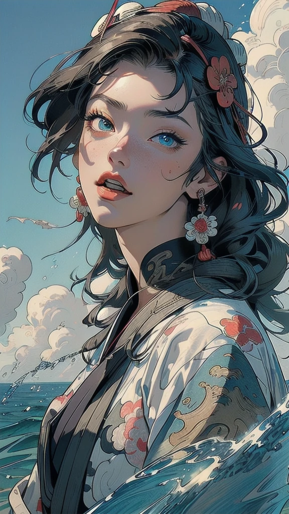 (((masterpiece, highest quality))),,(((solo:1.2))),(((1girl:1.2))),32k wallpaper, very detailed, poster, vintage science fiction,(((((portfolio))))),(((((Close-up))))),(((((bust up))))),((((more various angle)))),((((highlight)))),((((heterochromia)))),(((complete. detailed face))),(((detailed unlimited complete equipment : rail gun))),(((((Absolutely Realistic Clouds background))))),(((Texture for people : halftone))),((Open your mouth wide)),(((((Wind God and Thunder God))))),(((Ukiyo-e))),(((Open sea)))