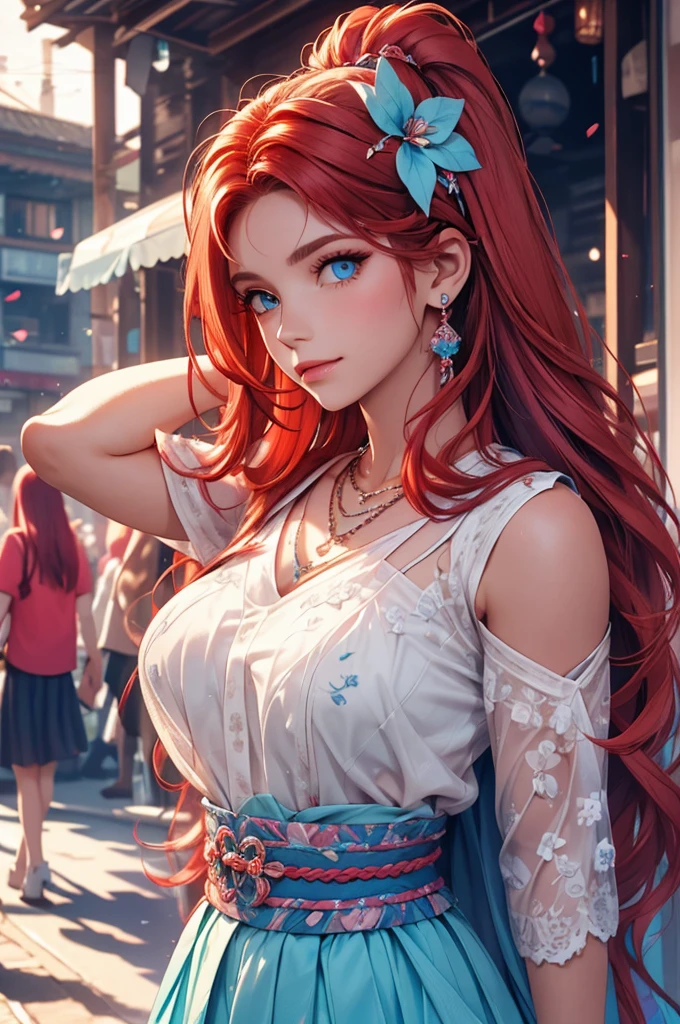 photoactual, lip gloss, , actual, best quality, ultra high resolution, depth, pastel colors, Natural shades, focus on face, Just look at the face, looking at the audience, long hair, hair accessories, red hair, blue and detailed eyes, skirt