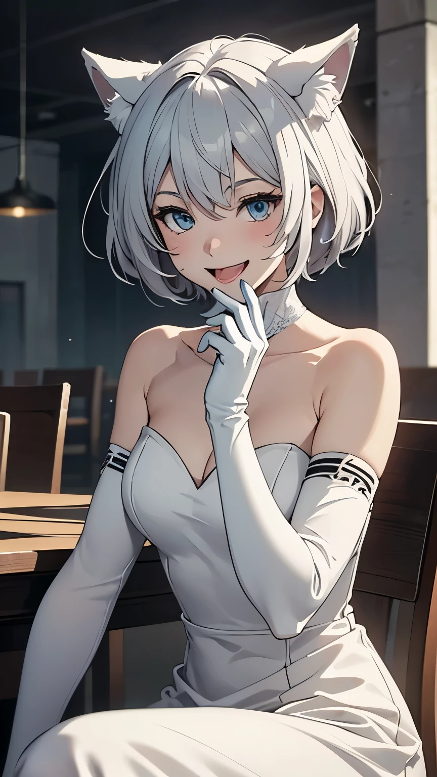 Tabletop whole body Anime Style High resolution Best image quality 8k Adult female White long gloves(Elbow Gloves) White long dress(Strapless) White wolf ears short hair((Shortcuts)(Gray Hair)(Perm)(fluffy)) Eye color is blue Attractive face((Laughter)(smile)(Open your mouth)) Sit on a chair