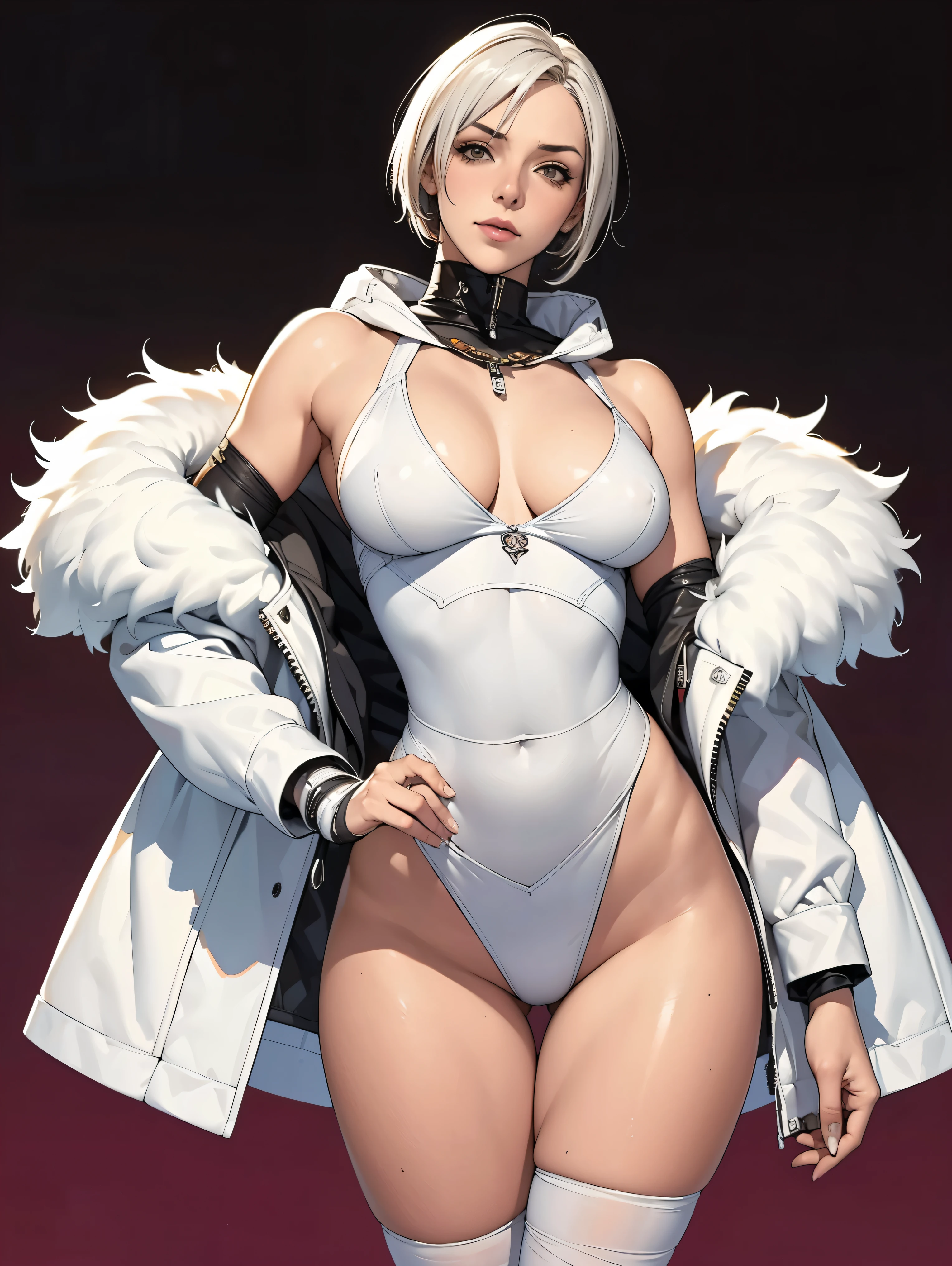(((Annie Lennox))), (((colorful suit))), (scars), (((bandaged arms))), (((colorful clothes))) (( hood)), (((best quality: 1.4))), (Unbeatable masterpiece), (hyper HD),(CG 8k hyper-realistic), beautiful face, (((breasts big))), (((hyper feminine))), sexly girl, black tattoo,(ultra short red hair with white highlights)), ((( sculptural body ))), (((1 Kizi))), Kizi tatuada de 25 anos com perfect body,,Beautiful and well-groomed face,muscular body:1.2,solid color detailed jacket, (Head to thigh photos), Complex equipment, ,Tight clothes,With white stars and off-white stripes,,,,,Armor Metal Electronic Parts, Poison tattoos ) INFO, Kizi, (((standing alone))), , 24歳, sexy, pose de attitude, work of art, dancing, ((slight smile)), post-apocalypse, (((manga style))), bounty hunter, the way you want, perfect body, roupa moderna, advanced technology, white, yellow accent, black, red accent, fur collar jacket, sleeves with vertical striped pattern, background city, (( cowboy shot )). intricate visual, narrow waist, (((wide hips))), wide hips, fit thighs, (((thigh gap))), Thigh gap, background shows a futuristic airplane, open expression, expression happy