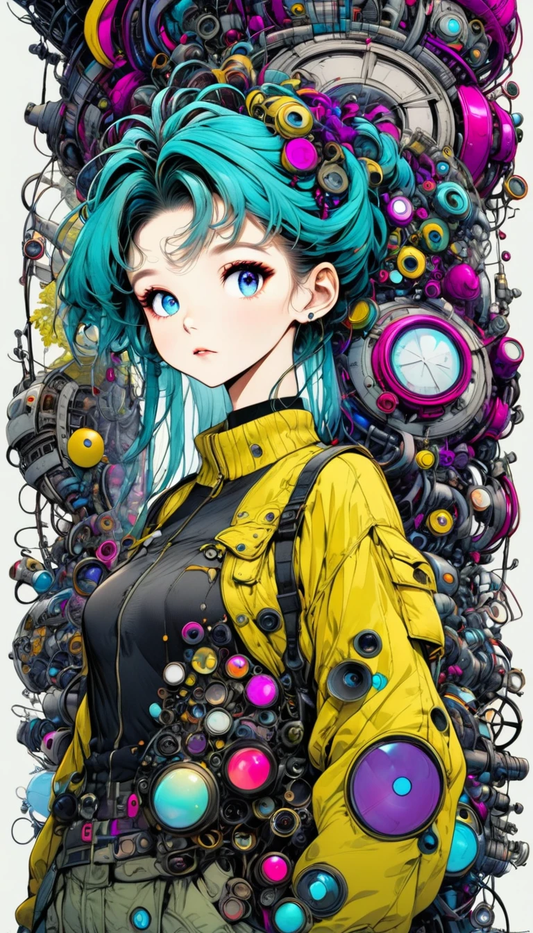 ((pay attention to the plan:1.5, General plan, all-body:1.5)), 1 beautiful girl in technical clothes, Mechanical spider, circles, fractals,(black outline art) by Yoshitaka Amano,Travis Charest. colors, land, Cyan, yellow, Unripe. magenta, violet, Cyan, High definition, image hypersharpness,(best qualityer:1.3, 32 mil,High definition:1.3, 4x ,ultra sharp, high resolution, proffesional) ,cinematographic, Fisheye photography:1.6,