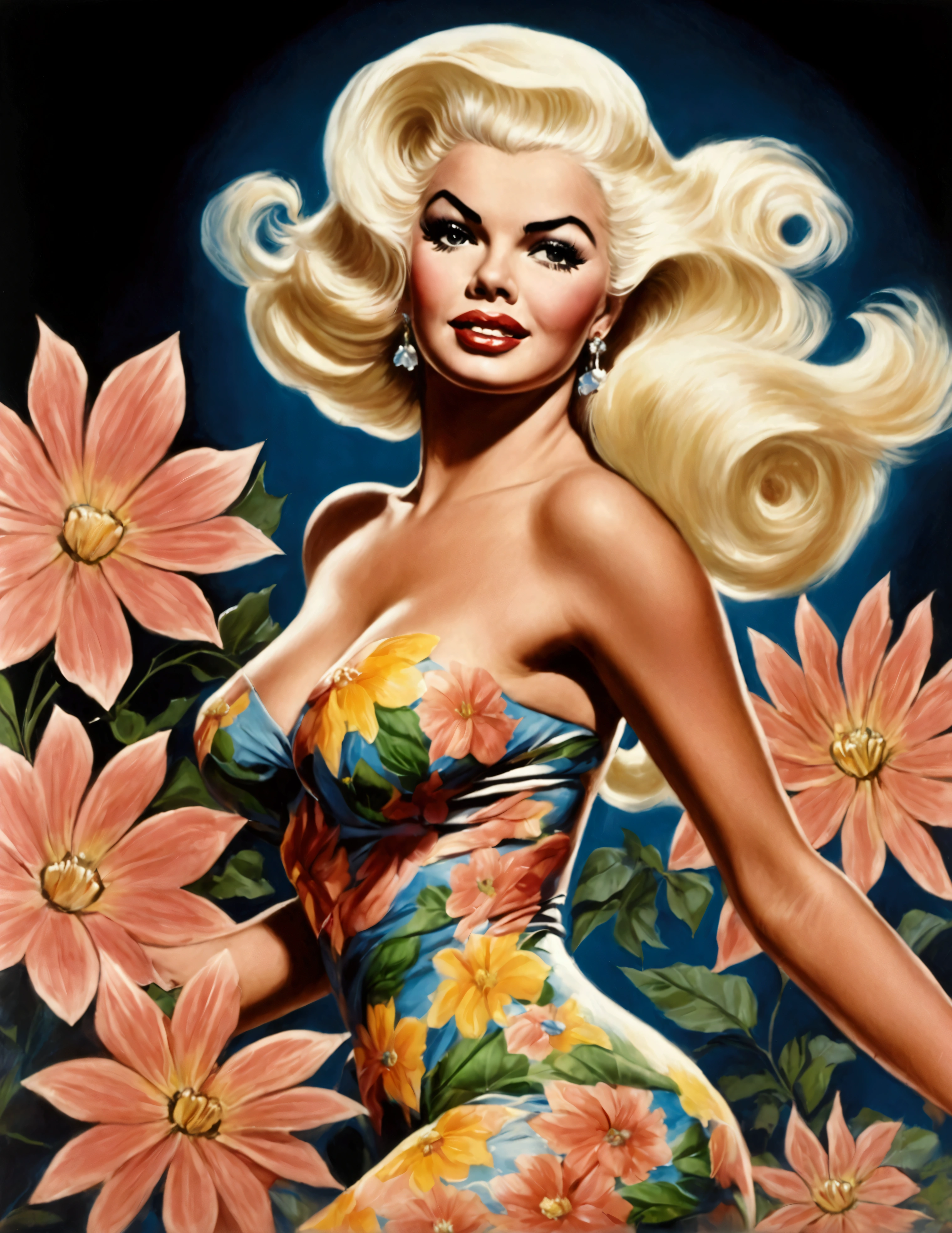 (Jayne Mansfield, age 25, extensive artistic body paint flower themed (only face and hands exposed)), doing an interpretive dance on stage, she is in spotlight, dancing like a flower in breeze
