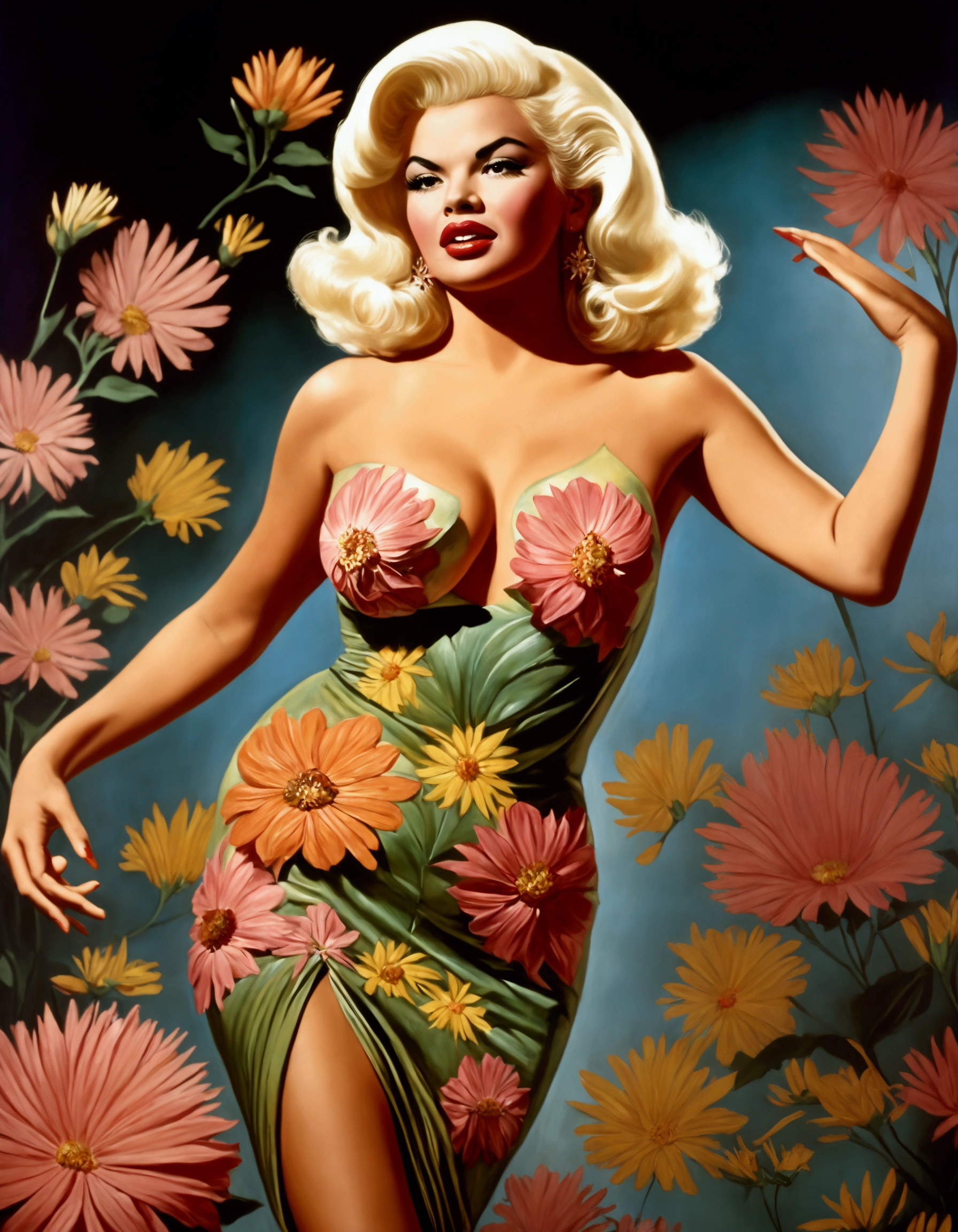 A Gil Elvgren pin-up style painting of a beautiful woman in a see through sundress, in a field of flowers